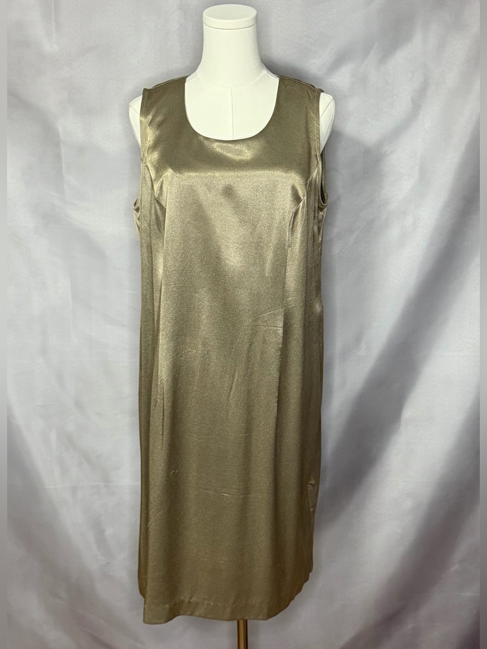 R&M Richards Sleeveless Metallic Gold Dress 14 Petite 90s Vintage